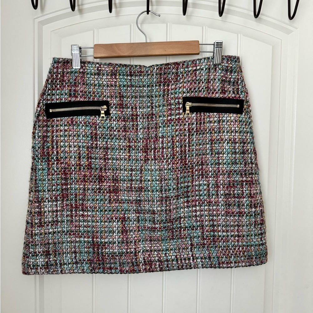 Loft Pink and Green Tweed Mini Skirt. Size 8